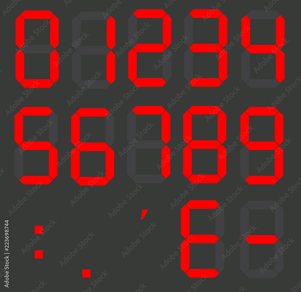 Wall mural set of calculator digital numbers. electronic figures. lcd digital number. red clock digital.