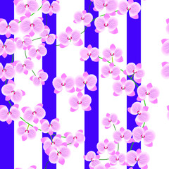 The branches of a pink orchid on a light background with wide lilac stripes. Seamless pattern. Can be used for fabrics.