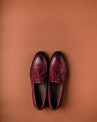 Brown leather men's shoes of classic style, a pair of shoes with tassels