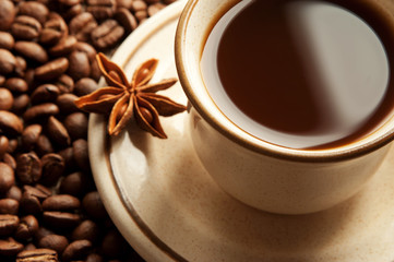 Cup of coffee whith star anise on the background roasted coffee