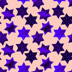 Obraz premium Seamless Watercolor Stars Pattern. Magic Festive Background. Hand Drawn Doodle Stars. Baby Design. Abstract Rapport for Wallpaper, Textile, Linen, Wrapping, Posters, Cards, Banner. New Year, Birthday 
