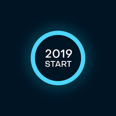 New Year 2019 starts. Blue round button.