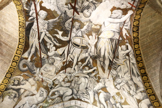A detail of a fresco on a dome inside the Nuestra Se&ntilde;ora de la Huerta gothic and mudejar cathedral, showing a knight fighting against devils together with angels, in Taragona, Aragon, Spain