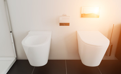 Fototapeta na wymiar Clean and fresh bathroom with natural light. 3D rendering. Sunset.