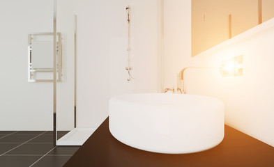 Modern bathroom with large window. 3D rendering. Sunset.