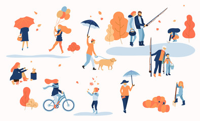 Fototapeta premium People spend leisure time outdoors in park. Autumn illustration.