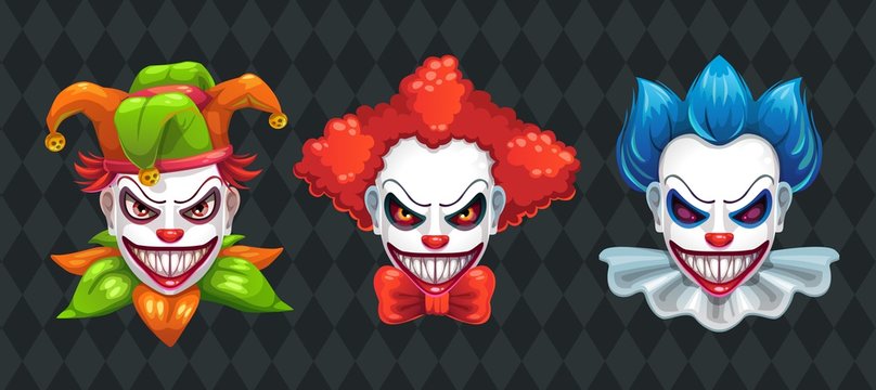 Creepy clown faces set. Spooky Halloween masks with angry smile.