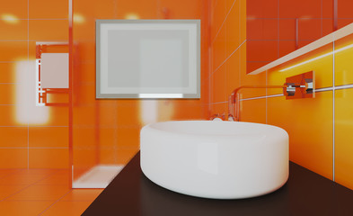 Freestanding bath with towels in grey modern bathroom. 3D rendering. Mockup.   Empty paintings