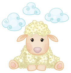 Vector cute sheep cartoon,  isolated on white.