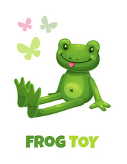 Cute cartoon green frog stuffed toy. Vector baby plush toy icon.