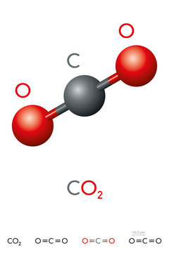Carbon dioxide, CO2, molecule model and chemical formula. Carbonic acid gas. Colorless gas. Ball-and-stick model, geometric structure and structural formula. Illustration on white background. Vector