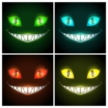 Halloween creepy posters set. Fantasy scary smiling evil animal face on the black background.