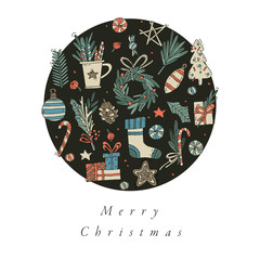 Vector hand draw design for Christmas greetings card colorful color. Typography and icon for Xmas background, banners or posters and other printables. Winter holidays design elements.