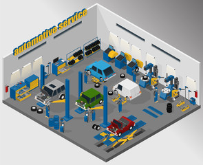 Vector isometric illustration of automotive and tire fitting service, car lifts, wheel changer and wheel balancers. Equipment for automotive service.
