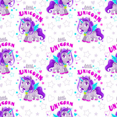Seamless pattern with cute cartoon purple unicorn and slogans.