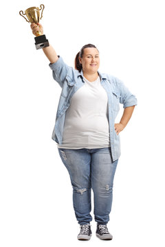 Overweight Woman Holding A Gold Trophy Cup