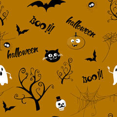 Halloween seamless pattern design with ghost, skull, pumpkin and black cat