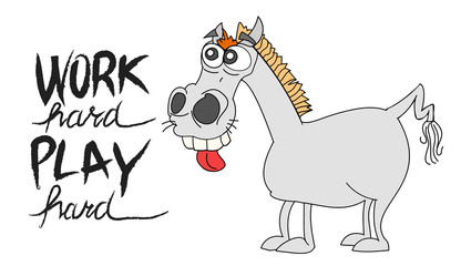 funny cartoon horse character with blank sign.