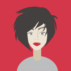 Portrait of brunette girl on red backgraund.Cartoon illustration.