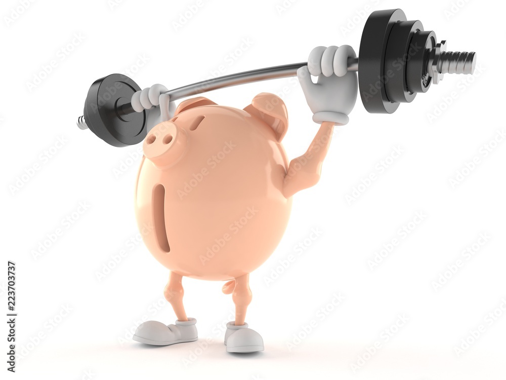 Sticker Piggy bank character lifting heavy barbell