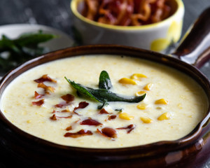corn cream soup with bacon and sage