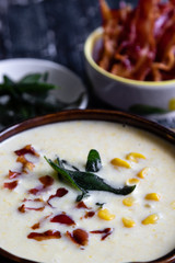 corn cream soup with bacon and sage