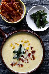 corn cream soup with bacon and sage