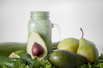  Still life of green vegetables and fruits. Smoothies.