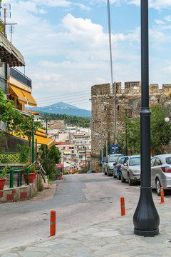 Thessaloniki, Greece - August 16, 2018: View to ancient wall and Trigoniu tower in Thessaloniki, Greece