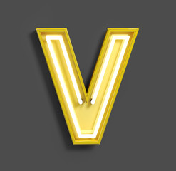 Bright Neon Font with fluorescent yellow tubes. Letter . Night Show Alphabet. 3d Rendering Isolated on Gray Background