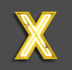 Bright Neon Font with fluorescent yellow tubes. Letter X. Night Show Alphabet. 3d Rendering Isolated on Gray Background