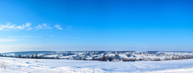 Amazing panorama of the Ukrainian village in western Ukraine in winter