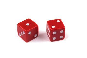 Two red dice closeup, isolated on white background, one and two