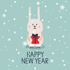 Hand drawn illustration with happy rabbit, gift, snow and lettering. Colorful cute background vector. Happy New Year, poster design. Decorative backdrop with english text, animal. Funny card, phrase