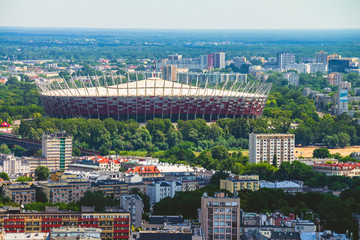 Obraz premium Aerial view of the Warsaw skyline buildings including Warsaw and the National Stadium