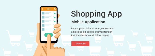 Vector flat banner for online shopping application. Phone in hand illustration for mobile or web design