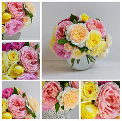 English roses. Beautiful flowers collage on white background