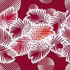 Seamless background with decorative leaves. Tropical palm leaves. Tropical jungle. Points. Can be used for wallpaper, textile, invitation card, wrapping, web page background.