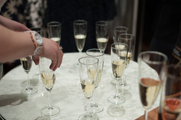 buffet table with snacks, cakes, drinks and champagne. slide champagne