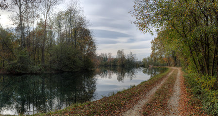 A landscape of the artificial Ticinazzo canal connecting with Naviglio Langosco canal, next to its dam, surrounded by poplar trees and reflecting into the water, during a cloudy sunset