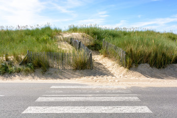 A pathway delimited by a wooden fence on the sand dune covered with wild grasses, leading to the du Guesclin beach on the Breton seashore with a pedestrian crossing on the road in the foreground.