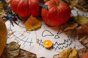 Texture preparation before Halloween, with pumpkins and candles