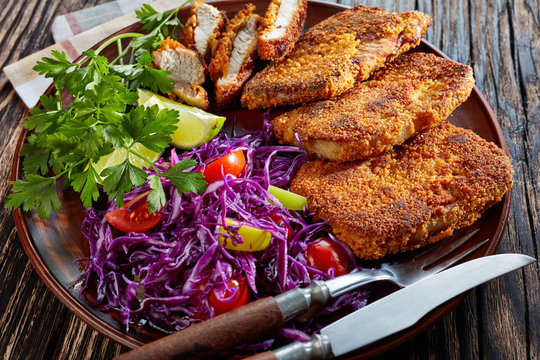 Tender And Juicy Breaded Pork Chops, Close Up