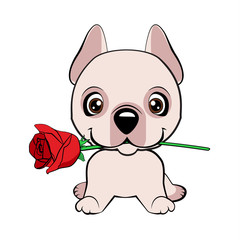 Cute puppy with a flower cartoon hand drawn vector illustration. Can be used for t-shirt print, kids wear fashion design, baby shower invitation card.