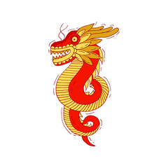 Vector illustration chinese red and golden dragon on white background. Hand drawn sketch for decorative design of Asian culture celebrations.