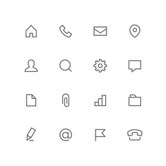 Main outline icon set - home, phone, envelope, address, man, magnifier, gear wheel, chat, file, paper clip, graph, folder, pen, email and flag symbol. Contacts, office and business vector signs.