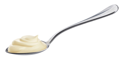 Sour cream in spoon isolated on white background - obrazy, fototapety, plakaty