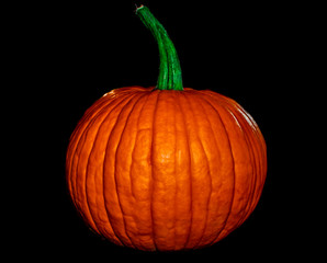 A perfect pumpkin with a round shape and green stem on a black background.