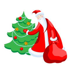 Cute cartoon Santa Claus decorating Christmas tree Merry Christmas vector illustration
