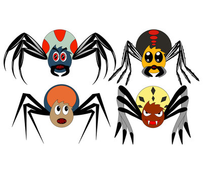 A set of four cartoon spiders of different shapes and colors